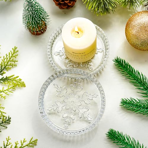 kanpura 3.5 Inch Glass Pillar Candle Holder Sets Clear Round Candle Plate Glass Candle Coasters for Christmas Winter Party Table Centerpieces Decor - color: Snowflake,2