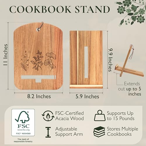 Wood Cook Book Stand for Kitchen Counter, Mothers Day Gift for Mom, Reversible Acacia Recipe Book Holder, Cooking Measurement Conversion Card, Adjustable Tablet Holder, Charging Cable Slot - style: Modern Classic