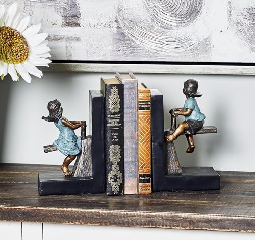 Deco 79 Polystone People Bookends with Swing Set, Set of 2 5"W, 8"H, Brown