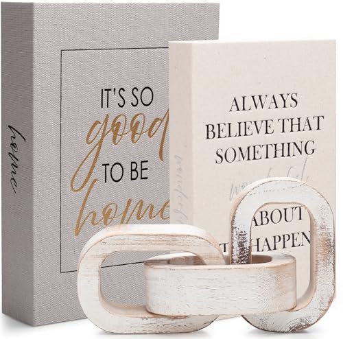 Modern Decorative Books Set of 2 Premium Linen Hardcover Faux Book Box with Reliable Magnetic Closure & Paulownia Wooden Chain