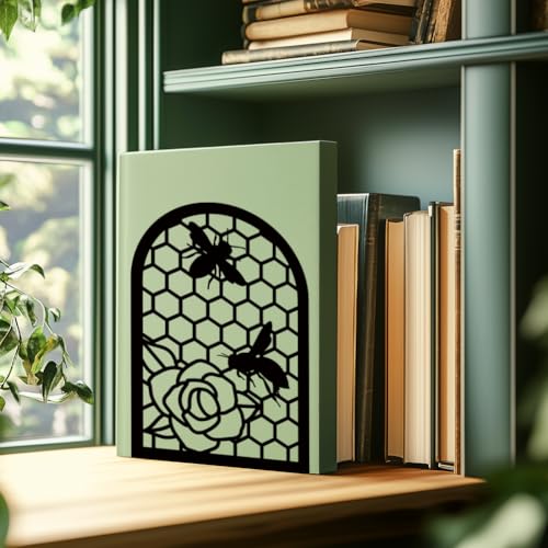 Black Metal Bookends for Shelves Decor Bees Heavy Duty Bookends for Book Supports Vintage Flower Book Stopper for Office Book Holder Shelf Accessories Unique 7x4.7x3.5 inch 1 Pairs/2 Pcs - style: Honeycomb