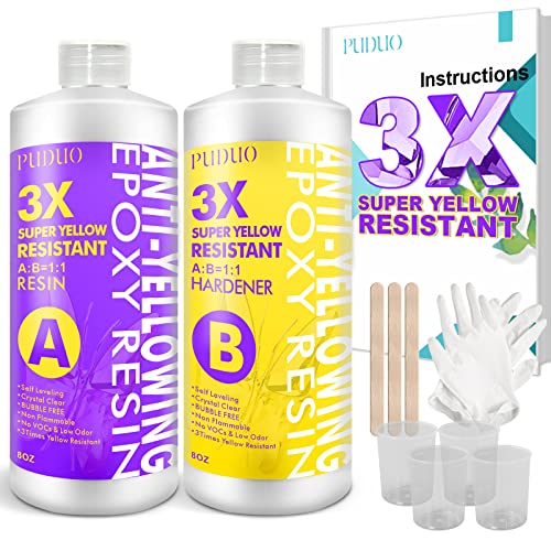 Puduo Resin Epoxy Kit 16OZ, Crystal Clear Epoxy Resin with Super Anti-Yellowing for Art, Jewelry Making, Casting, Silicone molds, Color pigments, Craft Resin epoxy Resin - size: 16OZ