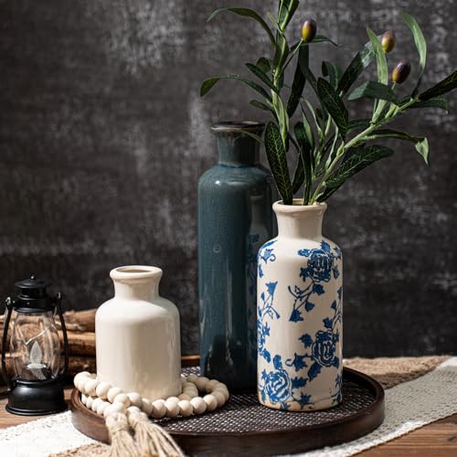 Vintage Ceramic Flower Vase Set of 3, Rustic Farmhouse Vase for Home Decor, Distressed Decorative Vase for Table Entryway Mantel Centerpiece Living Room Bathroom Bedroom (Blue and White) - color: 102-blue and White