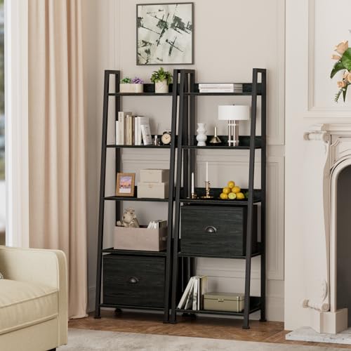 Furologee 5-Tier Ladder Shelf, Narrow Ladder Bookshelf with Drawer, 55.6”Tall Industrial Bookcase Storage Rack Organizer, Freestanding Storage Shelve for Living Room, Home Office, Bedroom, Black Oak - color: Black Oak, size: 5-Tier, 15" W