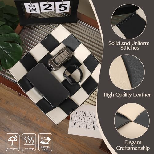 Valet Tray for Men Leather Key Tray for Entryway Table Bedside Nightstand, Desktop Organizer Catch-All for Wallet, Watch, Remote, Keys, Cell Phones, Checkerboard