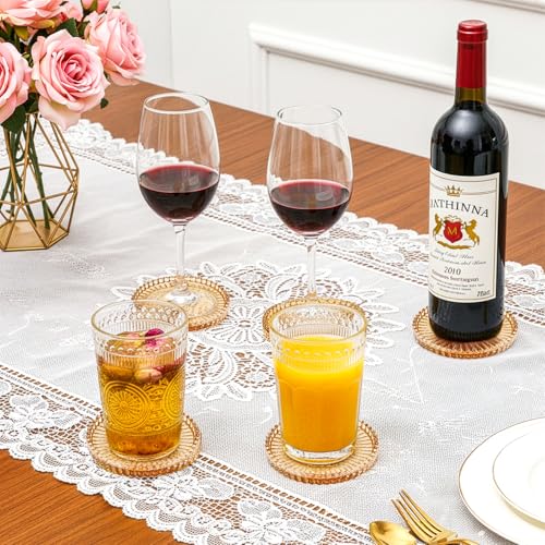 Elsjoy 8 Pack 4 Inch Glass Coasters for Drinks, Amber Tone Modern Clear Coaster Set, Round Crystal Glass Pillar Candle Holder Plates for Table Centerpieces, Home Decor
