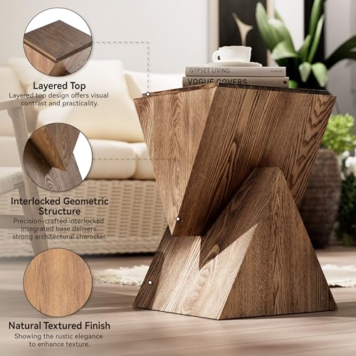COZAYH Modern Geometric Wood Grain End Table with Structural Design, Farmhouse Side Table with Sculptural Pedestal Base for Living Room, Bedroom, Office, Fully Assembled, Natural