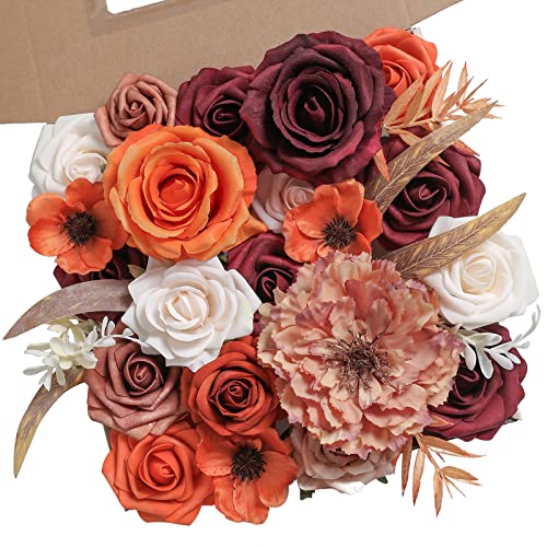 Artificial Flowers Combo Box Set Silk Fake Flowers with Foliage for DIY Wedding Bouquet Cake Flower Table Centerpieces - color: Orange & Burgundy