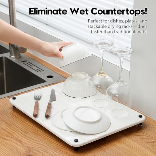 Razborci Stone Dish Drying Mat for Kitchen Counter, Water Absorbing Bathroom Tray Sink Organizer, Diatomaceous Earth Countertop Dish Rack Riser Sponge Holder Soap Dish, White, 16" x 12" - color: 1. White, size: 16" x 12" x 1"