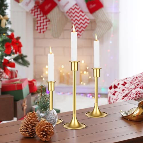 Gold Taper Candle Holders Set of 6 with Anti-Slip Pad Vintage Small Low Metal Candles Metal Candelabra Set for Weddings, Dinners & Parties, 3 Sizes (6, Lengthen Gold)