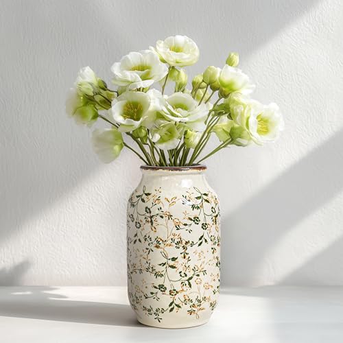 Green Vintage Vase, Chinoiserie Floral Vases for Flowers, Rustic Farmhouse Ceramic Vase for Home Decor, Living Room, Shelf, Office, Vintage Room Decor, 9 inch, White and Green - color: White and Green