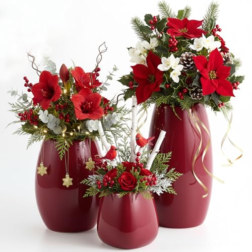 hjn Ceramic Vase Set of 3 Red Flower Vase for Home Decor, Modern Decorative Vase for Flowers Vases for Your Ideal Shelf Decor/Table/Living Room/Kitchen/Office-Red… - color: Red