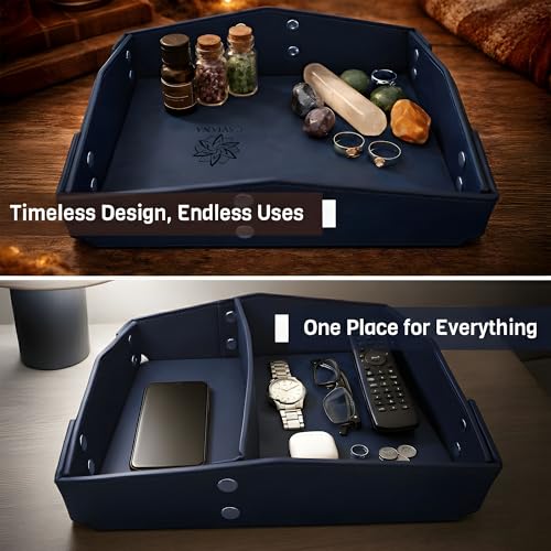 Valet Tray Organizer for Men & Women - PU Leather Catch All Tray with Removable Divider - EDC Storage for Keys, Watch, Phone - Nightstand, Dresser & Desk Organizer - Pacific Navy - color: Pacific Navy