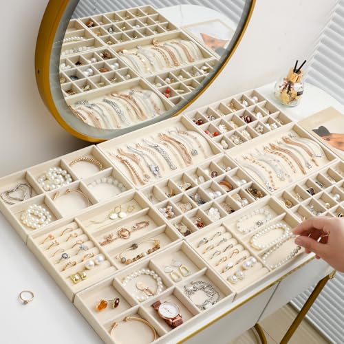 SPAKOWN Jewelry Trays Organizer for Drawer, 9 Set of Small Jewelry Display Case Storage Velvet Stackable Drawer Inserts Organizer for Necklaces Bracelets Earrings Rings (Beige) - color: Beige