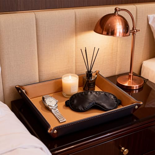 siduater Valet Tray Desktop Storage Organizer, Vegan Leather Catchall Tray Bedside Vanity Tray Nightstand Caddy Holder for Remote Controller, Watch, Keys, Phone, Wallet, Sunglasses, Jewelry, Khaki - color: Khaki
