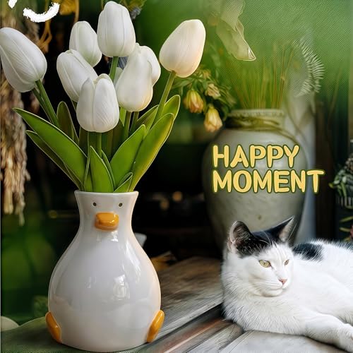 Handmade Ceramic Duck Vase - Modern Tabletop Fun Vase - Suitable for Dried Flowers, Tulips, Roses, Lilies & Pampas Grass - Cute Animal Centerpiece for Home, Wedding, or Gift - color: White