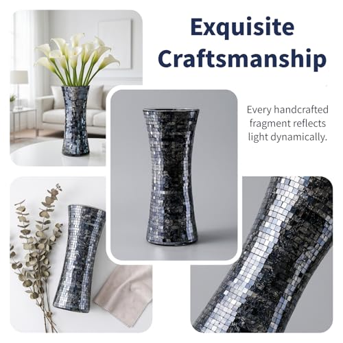 Cididu Mosaic Flower Vase, 11.6 inch Glass Black Vases for Centerpieces, Handmade Modern Decorative Tall Vase, Glitter Mosaic Vases for Home Decor Wedding Flower Arrangeme Birthday