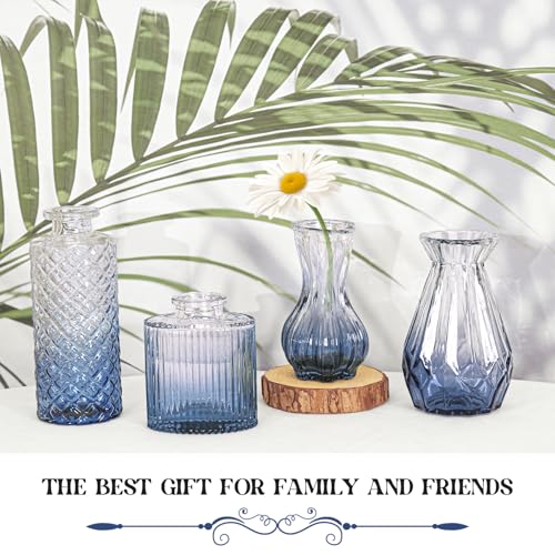 Set of 4 Glass Bud Vase Set, Small Vintage Clear Flower Vase Centerpieces for Table Bulk Cute Rustic Style Mini Vase for Home Decor Wedding Baby Shower Birthday Party(Ombre Blue) - color: Ombre Blue