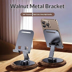 Adjustable Cell Phone Stand,360 Rotating Foldable Desktop Cellphone Stand with Anti-Slip Base Portable Phone Holder for iPhone 17 16 15 14 13 Pro Max, All Smart Phones, iPad (Wood Grain Black) - color: Wood Grain Black