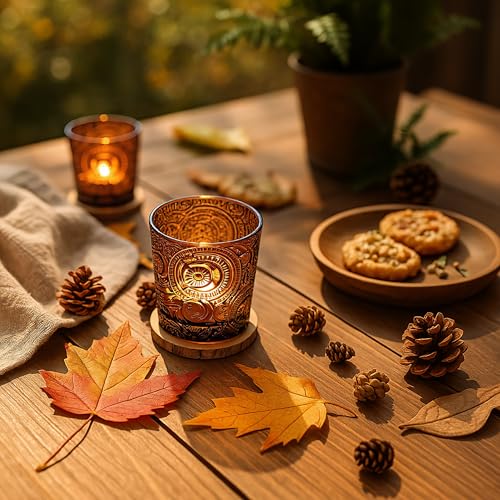 6 Pack Sun Moon Star Embossed Glass Tea Light Candle Holders - Votive Candle Holders for Wedding, Party, Home Decor, and Table Centerpieces (Chestnut Brown) - color: Chestnut Brown