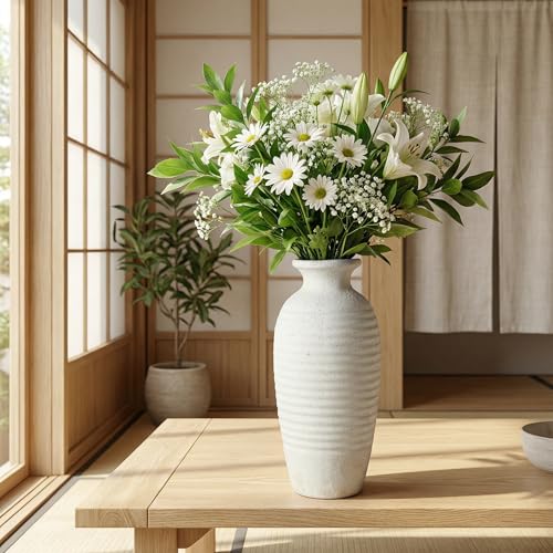 Ceramic Farmhouse Vase, 14.4 Inch Large Handmade Rustic Flower Vase, Waterproof Tall Vase for Pampas Grass & Home Decor, Ideal for Living Room, Shelf, Wedding & Housewarming Gift in Off-White