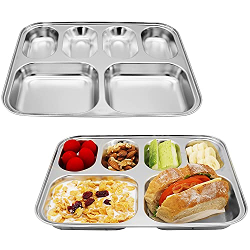 Korean Stainless Steel Divided Plates for Kids, Adults, Students, Premium 304, Electro-Polished, No Black Residue, BPA-Free, 6-Compartment Food Tray, Picky Eaters, Diet Portion Control, Set of 2 - size: 6 Compartments (12x9.5Inch)