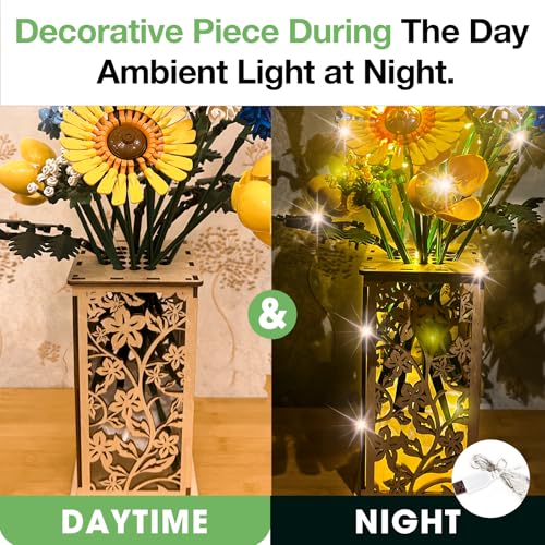 Wooden Vase for Lego Flowers, Display Stand for Lego Flower, Cool Artistic Carving Vase with Hollow Flower Pattern for Flower Lovers (Wood) - color: Wood-flower