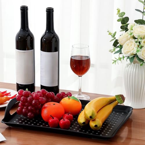 Uiifan 6 Pcs Non Slip Serving Tray with Handles 16.8 x 11.6 Inch Large Food Trays for Eating Breakfast Dinner Bed Snack Fruit Dessert Drink Beverage(Black)