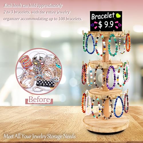 3 Tier Bracelet Holder,Wooden Rotating Bracelet Display Stand with 36 Hooks and Tray,360°Rotating Jewelry Holder Organzier for Bracelet, KeyChain, Necklace, Jewelr