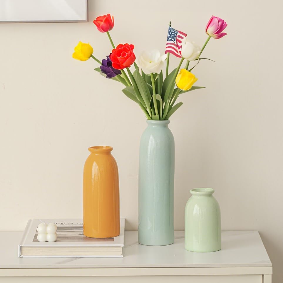 10.4 inches Tall Decorative Ceramic Vase Set, 3 Pieces, Nordic Modern Boho Style, White, for Home Decor (Colorful) - color: Colorful