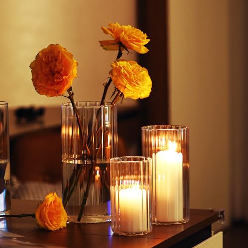 PHOSPHOR 6 PCS Ribbed Glass Candle Holder, Cylinder Candle Holders for Pillar Candles, Clear Glass Hurricane Candle Holders 6'', 8'', 10'' Glass Cylinder Centerpieces Vases - color: Striped Glass 6 Pcs