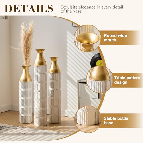 Floor Vases, Tall Home Decor Metal Vase Set of 3 Large Glazed Decorative Vases for Wedding Decor, Elegant Modern Flower Holder for Living Room, Entryway, Hallway, Dining Room - color: Ribbed Ivory Gold