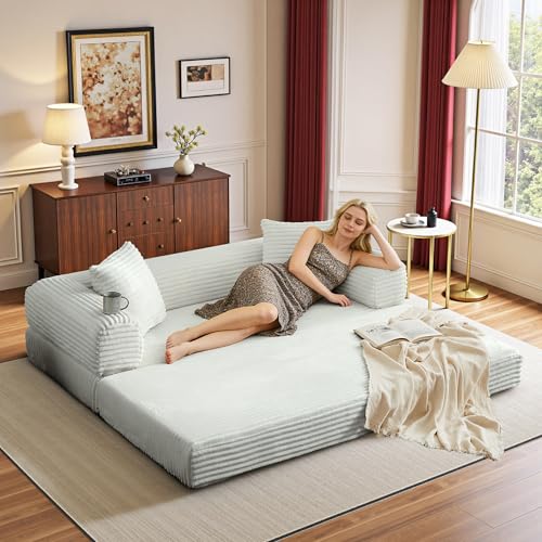 Boneless Couch Versatile Couches for Living Room No-Install Sofa Bed Corduroy Futon Soft Cloud Couch with Pillows for Bedroom Game Movie (Light Grey, 76") - color: Light Grey