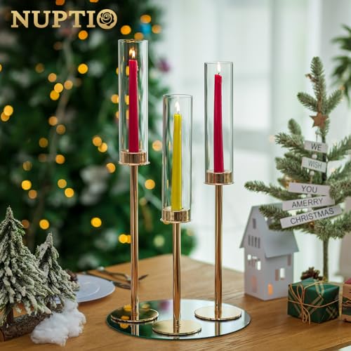 NUPTIO Hurricane Glass Candle Holders: Set of 6 Tall Gold Metal Candlestick Holder with Chimney Tube Brass Tiered Taper Candles Stands for Christmas Holiday Party Decoration 23.6 & 21.7 & 19.7 in - size: 23.6 & 21.7 & 19.7 in