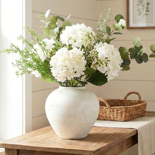 Large White Vase for Centerpieces - 11" Wide Textured Stone Look Metal Flower Vase for Table Decor - Rustic Farmhouse Vases for Living Room Dining Room Home Decor - color: White Large Brushed