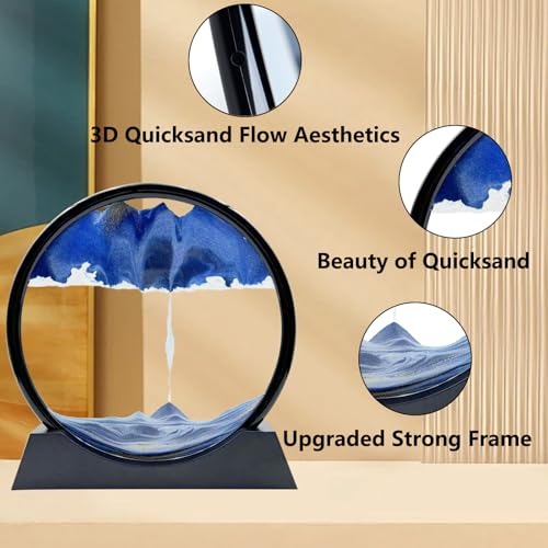 Moving Sand Art Liquid Motion, 3D Deep Sea Sandscape Color Quicksand Decor, Round Glass Moving Sand Art Picture Relaxing Desktop Home Office Work Decor (12 inch-Blue) - color: Blue, size: 12 Inch
