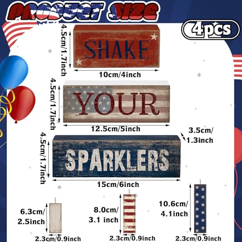 CroBlissful 4 Pcs 4th of July Decorations Patriotic Memorial Day Tabletop Decorations Red White Blue Table Centerpieces Sign for Office Tiered Tray Home Shelf 250th Anniversary(Shake) - style: Shake
