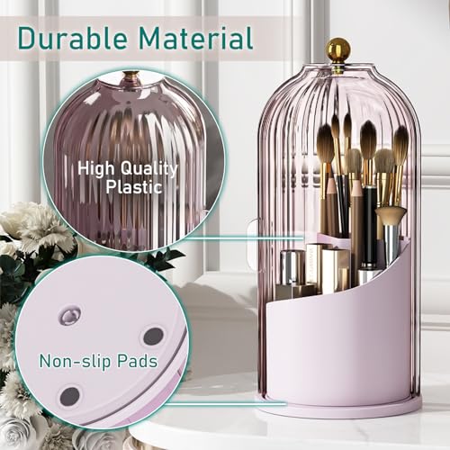 GAXmi Makeup Brush Holder with Lid Cosmetic Tools Organizer 360 Rotating Waterproof Dustproof Beauty Brushes Storage for Vanity, Pink-Purple - color: Pink-Purple