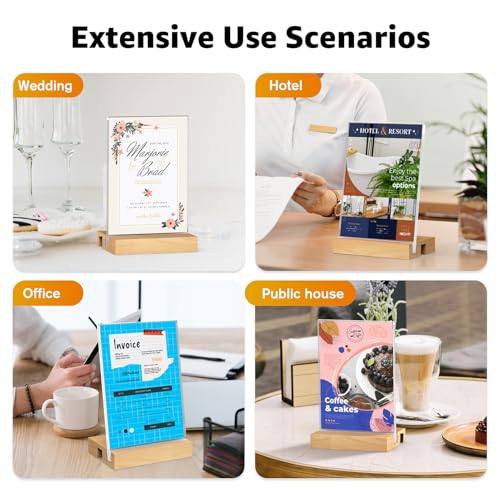MaxGear L/T Shape Acrylic Sign Holder, 4 X 6 Clear Table Display Stand with Wooden Base, Flyer Menu Holder Photo Frames Paper Stand for Office, Wedding, Restaurants, Hotels 3 Pack - size: 4''x6'', style: 3 Pack