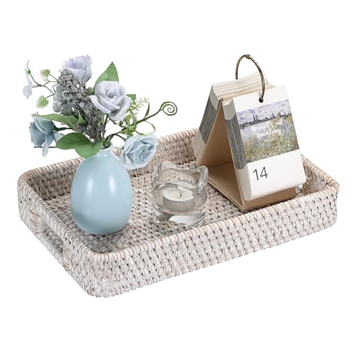Hipiwe Hand Woven Tray with Handle Whitewash Rattan Serving Tray for Storage Rectangular Wicker Basket Tray for Key Remote Fruit Dessert Plate, 11.8 x 7.9 x2 Inch - color: Whitewash, size: 11.8" x 7.8" x 1.9"