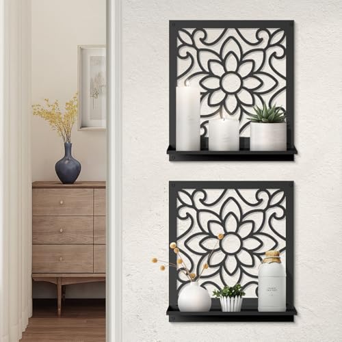 Metal Wall Candle Sconce Holder, Rustic Bathroom Wall Decor for Living Room Bedroom Bathroom (2 Pack, 11.8 x 13 in) - color: Black- Petal
