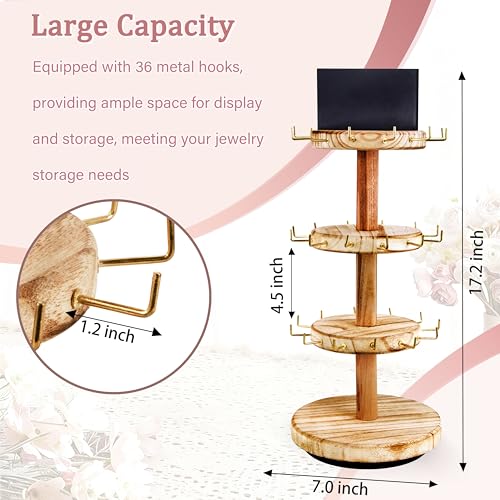 3 Tier Bracelet Holder,Wooden Rotating Bracelet Display Stand with 36 Hooks and Tray,360°Rotating Jewelry Holder Organzier for Bracelet, KeyChain, Necklace, Jewelr