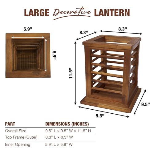Premium 11.5" H Lantern Decorative Indoor & Outdoor - Large Wooden Candle Lantern & Plant Stand for Holiday Decor, Farmhouse, Patio, Table | Golden Teak Finish