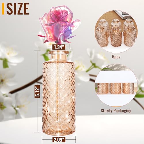 Glass Bud Vase, Flower Bottle, Small Vase, 6 Sets, Simple, Solid, for Mum or Lady, Classy Gift for Mother's Day, Anniversary, Wedding, Amber - color: Amber