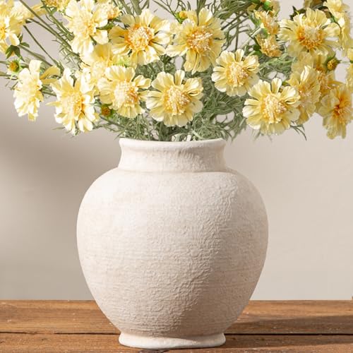 Ceramic Flower Vase, Flower Vase White Rustic Farmhouse Decorative Vase Floral Pottery Vases for Home Decor Table Living Room Entryway Mantel Bookshelf Bedroom Bathroom Kitchen - 6.7 Inch White - color: 6.7"h - White