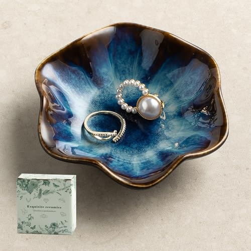 Ceramic Trinket Dish for Jewelry, Lotus Leaf Shape Small Ring Dish Tray, Jewelry Dish Organizer for Necklace Earrings, Home Decor Gift for Mom Best Friend Sister (blue) - color: blue