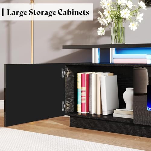 AMERLIFE 90" High Gloss 2 Tier TV Stand with 50" Electric Fireplace, Modern Luxury Large Entertainment Center/w LED Lights, Media Console Table Storage Cabinet for TVs Up to 100", Living Room, Black - color: Black, size: 90"