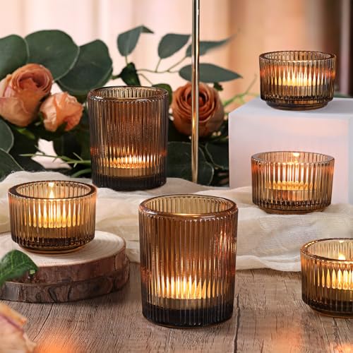 NITIME 10pcs Ribbed Amber Votive Candle Holders, Assorted Glass Tea Light Candle Holders for Fall Decor, Amber Candle Holders for Wedding Centerpieces, Thankgiving and Christmas Decorations - color: Amber