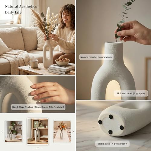 12 inch Tall Ceramic Flower Vase for Dried Flowers, Modern Sculptural Farmhouse Vase with Oval Cutout, Skinny White Centerpiece for Home Office and Wedding Decor - color: White a