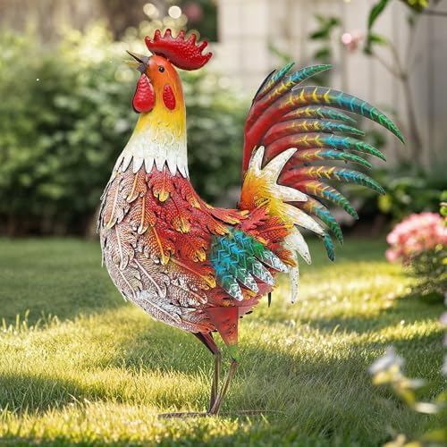 21" Metal Rooster Yard Decor, Outdoor Garden Statues, Metal Chicken Sculpture for Backyard Patio Kitchen Decor - color: 21.5"h-retro Red Rooster
